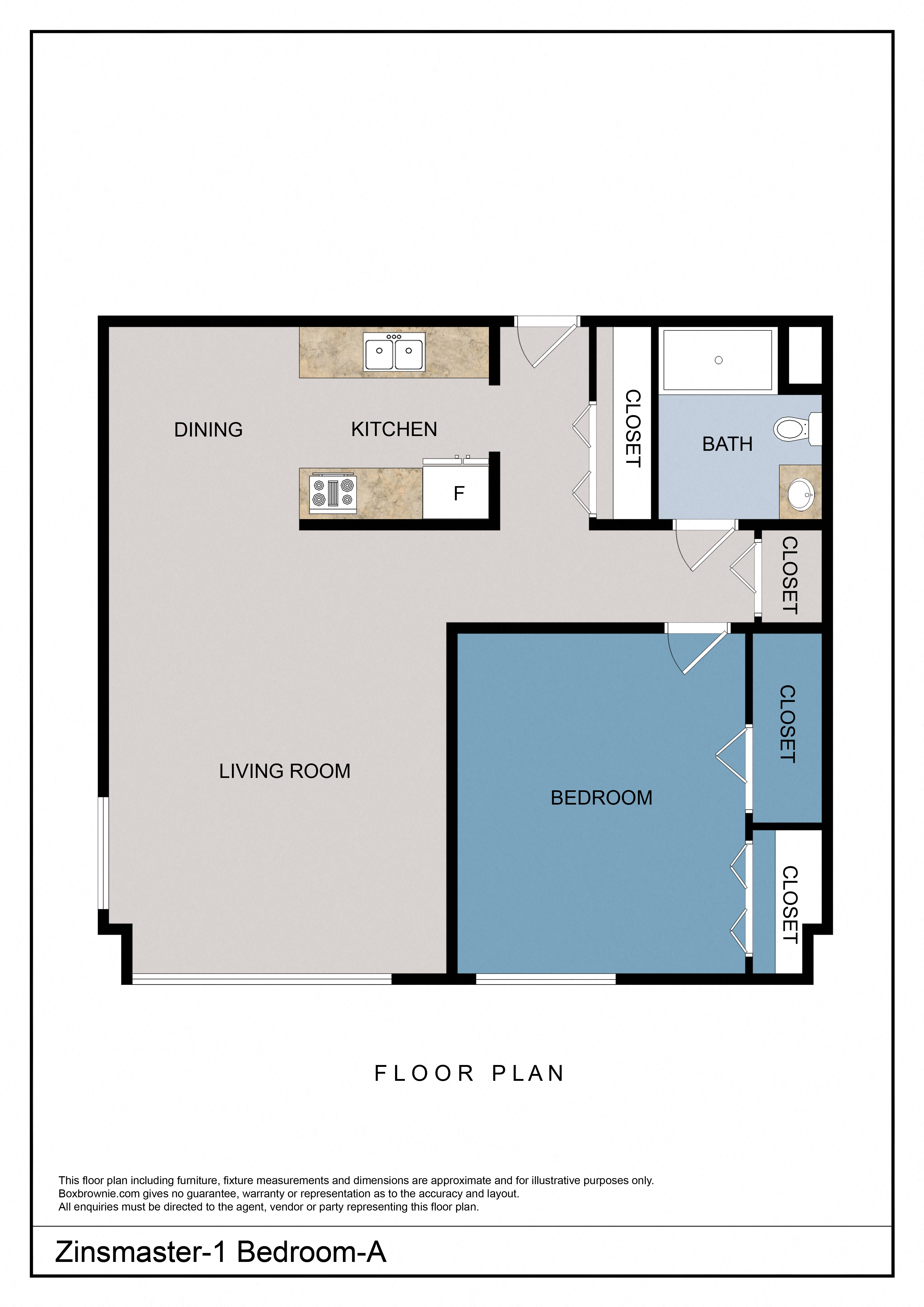 Floor plan for 1 bed, 1 bath, 720 sqft